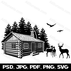 Log Cabin Woods Deer Birds svg png jpg psd pdf Types de fichiers Camping Lodge Home House Trees USA Forest Graphic Clipart