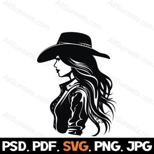 カウガールロングヘアシルエット svg png pdf jpg psd ファイルタイプ かわいいロデオ女性ラングラーウエスタンカウボーイハットベクタークリップアート