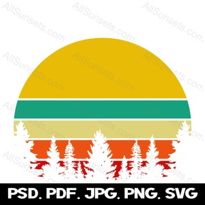 Rétro vintage Sunset svg png jpg psd pdf Types de fichiers Arbres à feuilles persistantes Utilisation commerciale Clipart Jaune Sarcelle Tan Orange