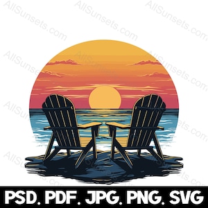 May include: Two black wooden chairs facing a sunset over the ocean. The chairs are on a sandy beach with the ocean in the background. The sky is a gradient of orange, red, and yellow.