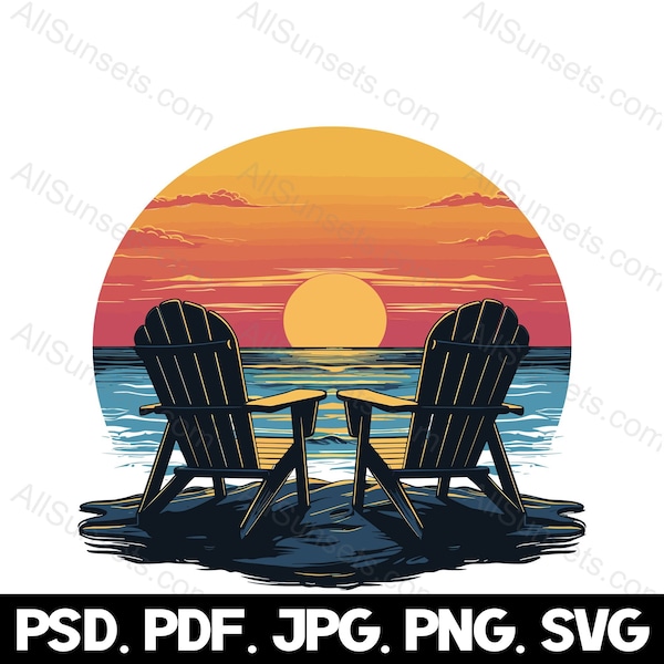 Adirondack Beach Chairs Facing Ocean Sunset svg png jpg pdf psd File Types Retro Vacation Commercial Use for Print on Demand
