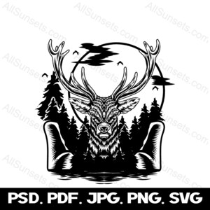 Hirsch Buck Bäume Szene PNG SVG Vektor Dateiformat Tiere Wald Jagd Grafiken Natur Print on Demand Kommerzielle Nutzung Clip Art