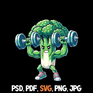 Broccoli Lifting Dumbbells svg png pdf psd jpg File Types Exercise Fitness Eating Healthy Muscles Commercial Use for Print on Demand Clipart
