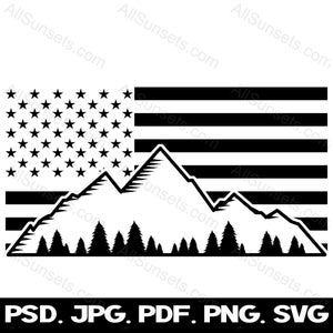 Montagne arbres à feuilles persistantes drapeau américain svg png psd pdf jpg Types de fichiers patriotique extérieur utilisation commerciale Clipart