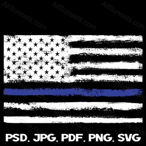 Thin Blue Line American Flag PNG and SVG Cut Files Police Officer Memorial Law Enforcement Grunge Patriotic Commercial Use Clipart
