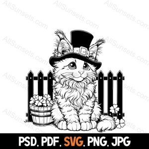 Chaton Maine Coon portant un chapeau de lutin Silhouette svg png pdf jpg psd Types de fichiers Saint-Patrick Usage domestique ou commercial Impression à la demande