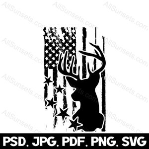 Deer American Flag PNG SVG Buck Head Stars Patriotic Clipart EUA Caça Uso comercial Imprimir gráfico sob demanda