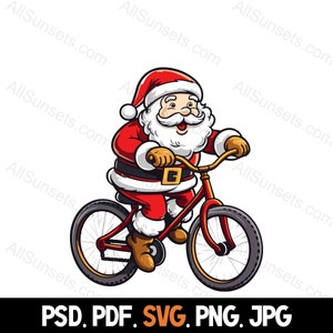 Papai Noel andando de bicicleta svg png pdf psd jpg Tipos de arquivo St Nick Natal Bicicleta Fitness Exercício Uso comercial para gráfico de impressão sob demanda
