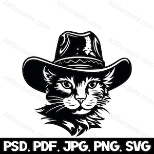 Katze trägt Cowboy Hut svg png svg jpg psd Dateitypen Cool Fluffy Kätzchen Silhouette Feline Western Vektor kommerzielle Nutzung Clipart