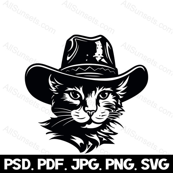 Cat Wearing Cowboy Hat svg png svg jpg psd File Types Cool Fluffy Kitten Silhouette Feline Western Vector Commercial Use Clipart