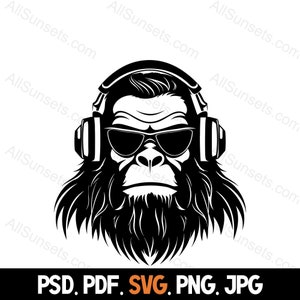 Bigfoot Óculos de sol Fones de ouvido Silhueta svg png jpg psd pdf Tipos de arquivo Cool Yeti Sasquatch Big Foot Music Uso comercial Impressão sob demanda