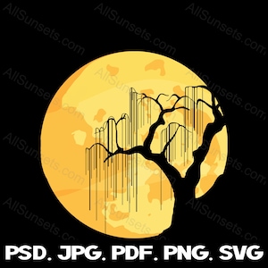 Volle maan Halloween Willow Tree SVG png jpg psd pdf Bestandstypen Yellow Moon Creepy Circle Commercieel gebruik Print on Demand Clipart