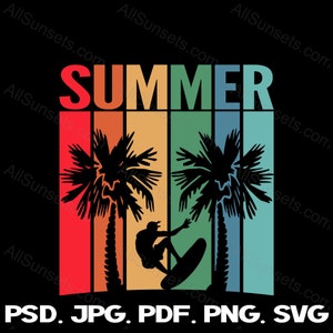 Summer Beach Surfing SVG PNG Files Palm Trees Retro Stripes Sunset Background Clip Art Print on Demand Commercial Use