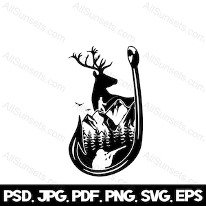 Angelhaken Jagd Berg Wald Szene Clipart, Hirsch Jagd, Buck, Fisherman Cricut, png svg psd eps jpg pdf Dateitypen