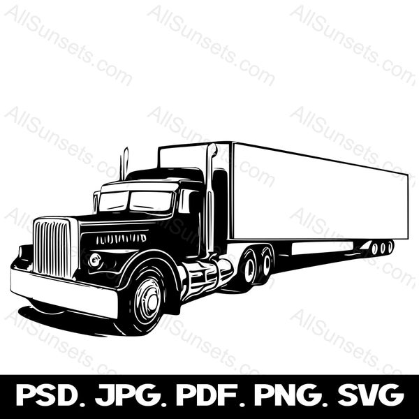 Semi Truck svg png psd jpg pdf File Types Diesel Vehicle 18 Wheeler Trailer Vector Graphic Clipart Commercial Print On Demand Use