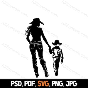 Cowgirl Mutter und Cowboy Sohn svg png svg jpg psd Dateitypen Rancher Mom Kind Junge männliche Silhouette Wrangler Rodeo Western Vektor Clipart