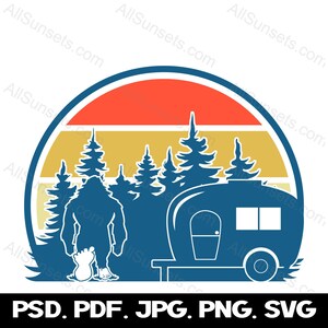 Bigfoot Camper Trees Retro Sunset svg png jpg psd pdf Types de fichiers Camping Forest Sasquatch Camp Bucket Utilisation commerciale pour l’impression à la demande