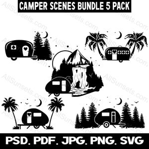 Camper arbres scènes svg png jpg psd pdf Bundle de 5 types de fichiers clipart Camping arbres RVs licence commerciale graphique