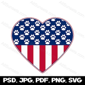 Dog Paws Union Bandera Americana Corazón A Todo Color svg png psd pdf jpg Tipos de Archivo Patriótico EE.UU. Uso Comercial Gráficos Transparentes Clipart