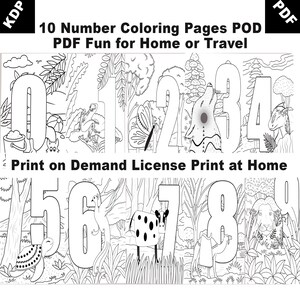 Op de afbeelding: Zwart-witte printbare kleurplaten met de nummers 0-9 met verschillende dierillustraties. De tekst "10 Number Coloring Pages POD PDF Fun for Home or Travel" en "Print on Demand License Print at Home" is inbegrepen.