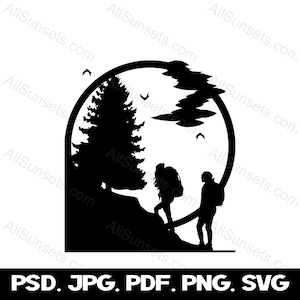 Bergwandern Wald Szene png svg pdf psd Vektor Dateiformate männlich weiblich Grafiken Print on Demand Kommerzielle Nutzung Clip Art