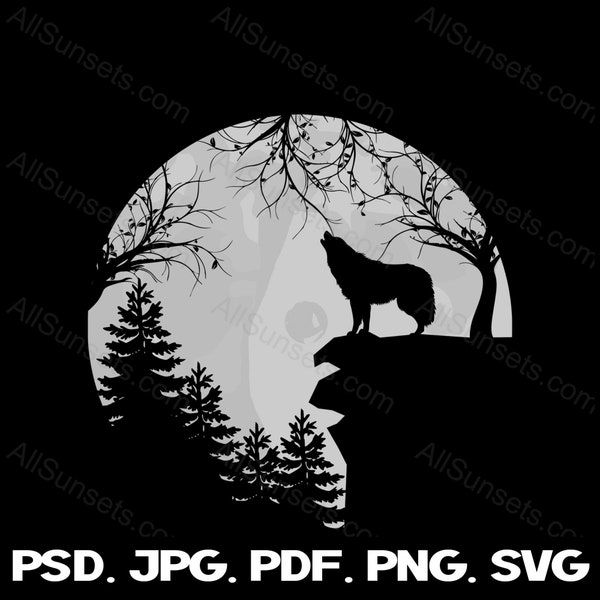 Howling Wolf Full Moon Tree Limbs svg png jpg pdf psd File Types Halloween Moon SVG Clipart Commercial Use Print on Demand Graphics