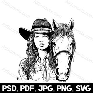 Bella Cowgirl Horse Silhouette svg png pdf jpg psd Tipi di file Cappello da cowboy Capelli lunghi fluenti Ritratto Western Lady Wrangler Vector Clipart