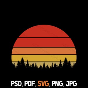 Arbres à feuilles persistantes Rétro vintage Sunset svg png jpg psd pdf Types de fichiers Forest Cutout Circle Utilisation commerciale pour l’impression à la demande
