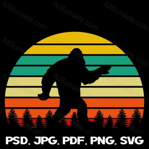 Bigfoot Retro Sonnenuntergang svg png jpg psd pdf Dateitypen Sasquatch Yeti Sunrise Evergreen Bäume kommerzielle Nutzung Clipart