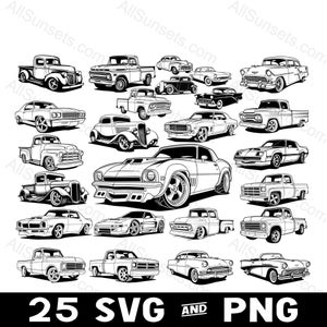 Klassische Autos und Lastwagen 25 Vektoren SVG & PNG Dateitypen Benutzerdefinierte Vintage Fahrzeuge Antike Autos Kommerzielle Verwendung für Print On Demand