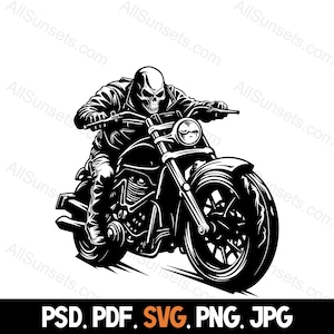 Skeleton Biker Motorcycle Rider Silhouette svg png psd jpg pdf Types de fichiers Skull Motor Bike Vector Utilisation commerciale pour l’impression à la demande