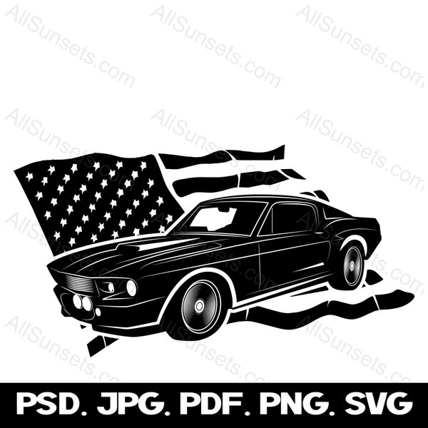 Classic Muscle Car Wavy American Flag svg png jpg psd pdf File Types Clipart Vehicle Automobile Patriotic USA Commercial Use Print on Demand