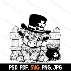 Vaca das Terras Altas usando silhueta de chapéu do Dia de São Patrício svg png pdf jpg psd Tipos de arquivo Trevos de cerca Uso comercial Impressão sob demanda