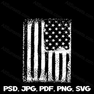 Puede incluir: Una bandera estadounidense blanca desgastada con textura grunge. La bandera está sobre un fondo negro. El texto "PSD. JPG. PDF. PNG. SVG" está en la parte inferior de la imagen.