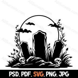 Friedhof Szene Silhouette svg png jpg psd pdf Dateitypen Spooky Skulls Gravesite kommerzielle Nutzung Print On Demand Grafik Clipart