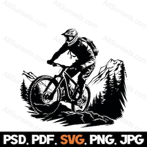 Mountainbike Silhouette svg png jpg pdf psd Dateitypen Radfahren Fahrrad auf Trail Radfahrer Bäume Vektor Kommerzielle Nutzung Print on Demand Clipart