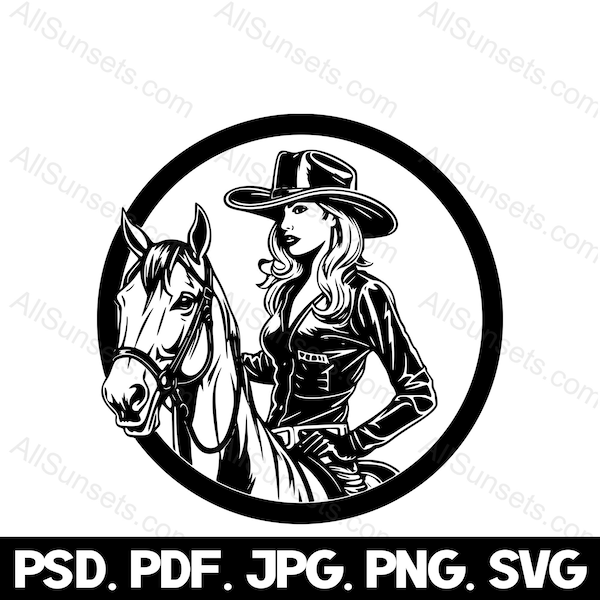 Cowgirl Horse Circle Silhouette svg png pdf jpg psd File Types Vector Pretty Lady Cowboy Hat Long Flowing Hair Rodeo Wrangler Clipart
