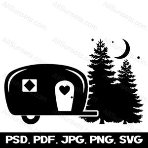 Camper dans les bois svg png jpg psd pdf Types de fichiers Clipart lune nuit camping arbres coeur licence commerciale graphique