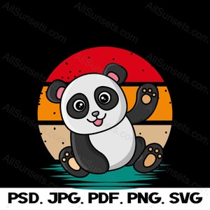 Panda Waving Retro Vintage Sunset PNG SVG PSD Jpg Pdf Clipart Uso comercial Impresión bajo demanda Gráficos