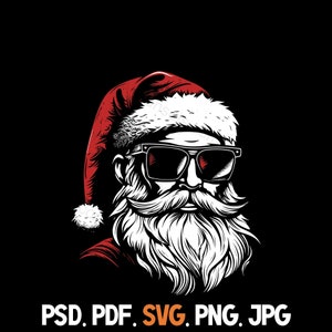 Papai Noel usando óculos de sol svg png pdf psd jpg Tipos de arquivo para produtos pretos Silhueta de Natal para uso comercial Impressão sob demanda