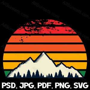 Montagne forêt rétro coucher de soleil cercle svg png jpg pdf psd Types de fichiers usage commercial aventure en plein air Camping bois arbres Clipart