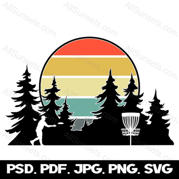 Disc Golf Wald Retro Sonnenuntergang svg png psd jpg pdf Dateitypen Vektorgraphiken Clipart Männlicher Korbspieler, Baum, Silhouette