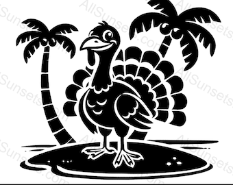 May include: A black and white illustration of a turkey standing on a small island with two palm trees. The turkey is smiling and has its wings spread out.