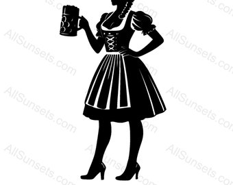 Oktoberfest Beer Maiden Silhouette Clipart Svg, Png, Jpg, Pdf, Psd File Types German, Dirndl, Beer Stein, Bavarian Festival, Print on Demand