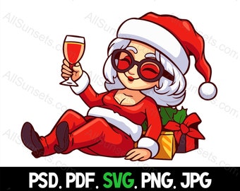 Mrs Santa Claus Drunk svg png pdf psd jpg File Types Drinking Christmas Clipart Full Color Graphic for Commercial Use Print on Demand