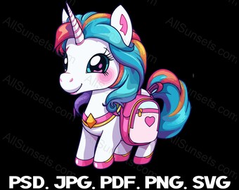 Eenhoorn met rugzak Girls Back-to-School Graphic svg png pdf psd jpg Bestandstypen Schattig Commercieel gebruik Licentie Clipart