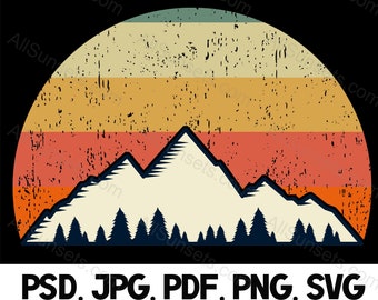 Mountain Trees Retro Sunset PNG SVG Pdf Psd Jpg Vintage Instant Digital Download Commercial Use 300 DPI Transparent 4500 x 5400 Clipart
