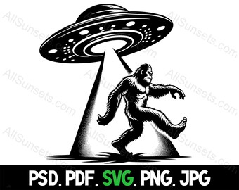 Bigfoot Abducted by a UFO Black Silhouette svg png jpg psd pdf File Types Yeti Sasquatch Alien Abduction Commercial Use Print on Demand