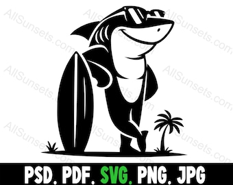 Surfer Shark Standing on Palm Tree Island Silhouette svg png jpg pdf psd File Types Funny Home or Commercial Use for Print on Demand