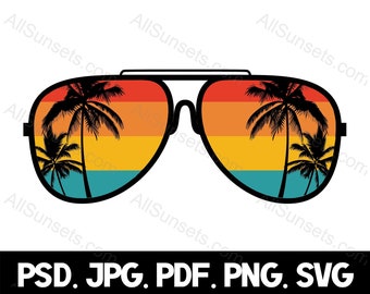 Beach Palm Tree Retro Sunglasses PNG pdf jpg psd and SVG Cut Files Clipart Sun Palette Beach Summer Template Commercial License Graphic